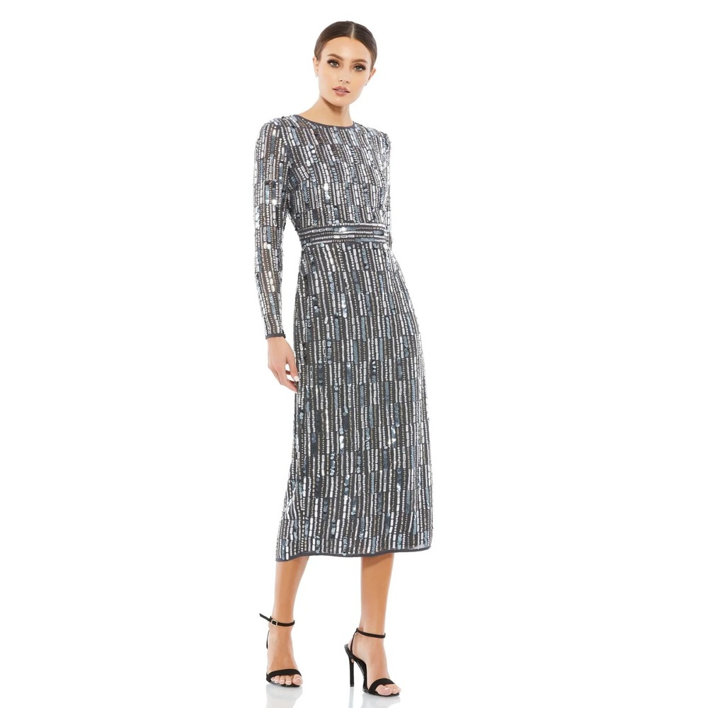 Mac Duggal 93590 Embellished High Neck Long Sleeve Fitted Gown  Charcoal‎ Size 0